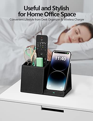 Desk Supplies Organizer, Multi-Functional Pencil Pen Holder with Wireless Charger, Desktop Stationery Organizer, Home Office Supply Storage Box Caddy (Black) - Image 4