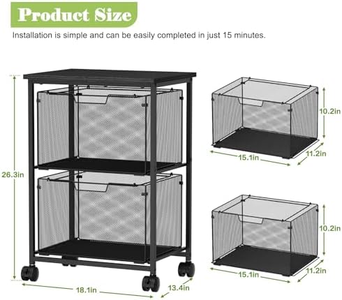 Sbanmao Letter/Legal Rolling File Cart with 2 Storage Drawers, Under Desk Storage, Vertical Filing Cabinet for Home Office, Hanging File Folders Organizer, Mobile Utility Cart Printer Stand, Black - Image 2