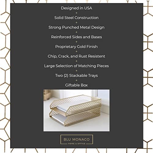 BLU MONACO | Paper Tray Stackable Gold Set of 2 | Stackable File Trays for Desk Organization | Tiered Desk Organizer with Metal Letter Trays - Image 3