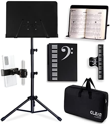 GLEAM Sheet Music Stand - Full Metal with Carrying Bag, Phone Holder, Sheet Music Folder and Clip, 5 in 1 Desktop Book Stand - Black by GLEAMMUSICSPORTS