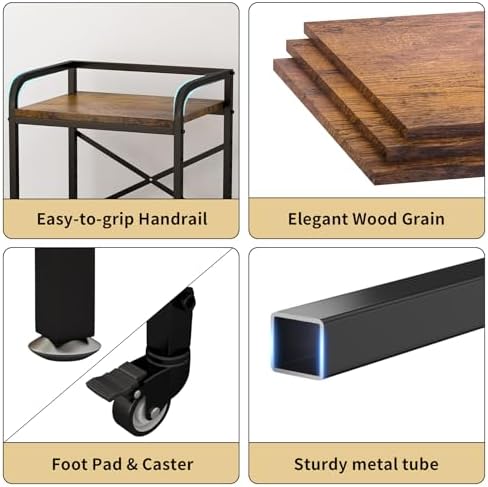 2 Tier Under Desk Printer Stand, Large Printer Table with Height Adjustable Shelf, Rolling Printer Cart with Industrial Wheels for Home Office, Scanner Fax (Rustic Brown) - Image 6