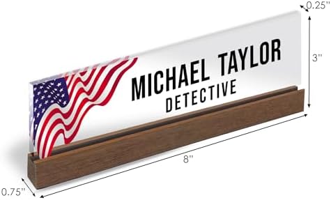 Artblox Personalized Office Desk Name Plate With Business Card Holder | Clear Acrylic Glass with Teak Wood Stand | Us Flag Design Customized with Your Name and Credentials Office Desk Décor - Image 3