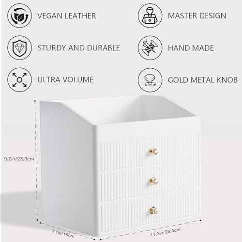LADSTAG Office Accessories,Begie White Vegan Leather Office Supplies with 3 Drawers & Tray for Desk,Perfume Organizer with Gold-Tone Metal Accents Knob for End Tables,Bedside Table,Bedroom - Image 4