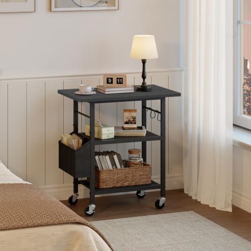 MAHANCRIS 3-Tier Printer Stand, Rolling Printer Table on Wheels, Industrial Storage Stand with Side Pocket, Wooden Tabletop, 2 S-Shaped Hooks, for Home Office, Black PTBK2501 - Image 5