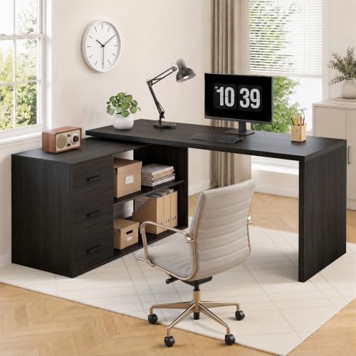 HSH 60 inch Rustic L Shaped Computer Corner Desk with 3 Storage Drawers by HOMESWEETHOME