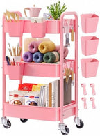 3 Tier Rolling Cart Metal with Lockable Wheels,Pink Baby Diaper Caddy Carts by Aofure