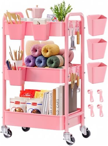 3 Tier Rolling Cart Metal with Lockable Wheels,Pink Baby Diaper Caddy Carts by Aofure