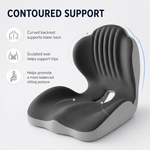 Ergonomic Memory Foam Seat Cushion, L Shaped Lumbar Support Pillow with Tailbone Relief, Orthopedic Chair Pad for Office, Car, Gaming Chair, Travel (Black & Gray) - Image 2