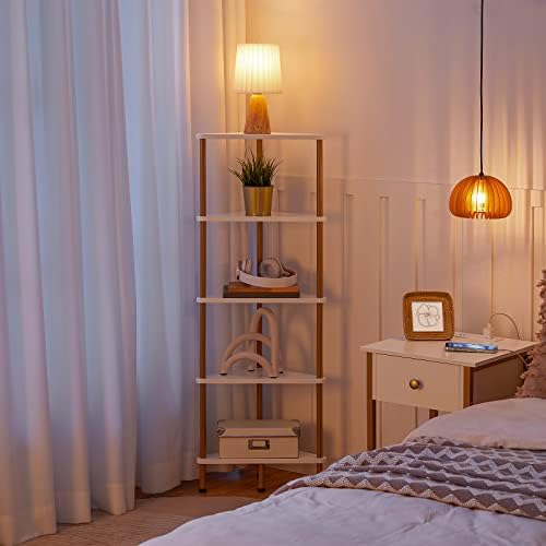 HOOBRO Corner Shelf Stand, Industrial 5-Tier Wall Corner Bookshelf with Metal Frame, Plant Display Shelf, Bookcase for Small Spaces, Bedroom, Living Room, White and Gold DW33CJ01 - Image 4