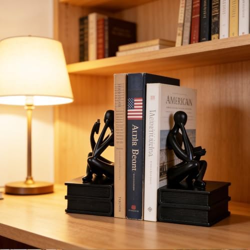 Reading Figurine Book Ends Book Lovers Gifts for Bookshelf Decorations for Readers, Graduates, Students, Teachers, Sculpture Home Decor for Shelves Desk Office Living Room (Black) - Image 2