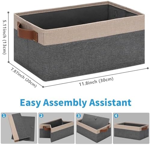 GhvyenntteS Small Fabric Storage Bins 6 Pack, 11.8" x 7.87" x 5.11" Storage Basket with Leather Handles, Closet Storage Bins for Shelves, Storage Baskets for Shelves, DVD Storage (Grey/Beige Yellow) - Image 2