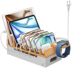 Bamboo Charging Station with 5 Port Charger HUB & 5 Cables-Natural + White by PezinHulin