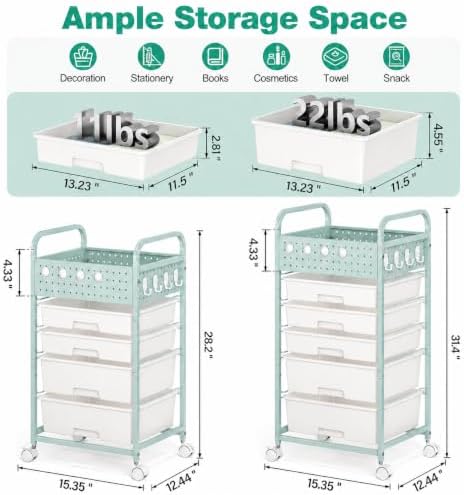 SYKIARIOL Drawer Rolling Storage Cart with Pegboard Top and Hooks, Green, 4-Drawers - Image 2