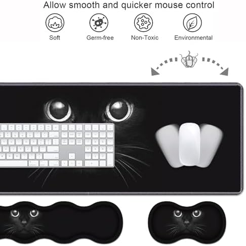 Ergonomic Keyboard Wrist Rest & Mouse Pad Wrist Rest Set, Large XXL Gaming Desk Mat 31.5"x 11.8" with Memory Foam, Easy Typing Pain Relief for Office & Home, Cute Black Cat Face - Image 4