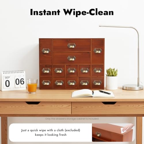Desk Organizer with 14 Drawers, 4 Tier Wooden Apothecary Cabinet Desktop Storage Cabinet with Label Boxes, Makeup Organizer Filing Case for Office Bedroom Home, L21*W6.3*H16.7in - Image 6