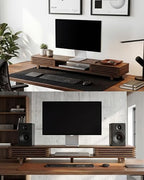 42" Dual Monitor Stand with Sliding Doors Desk Shelf Dark Bamboo - Image 6