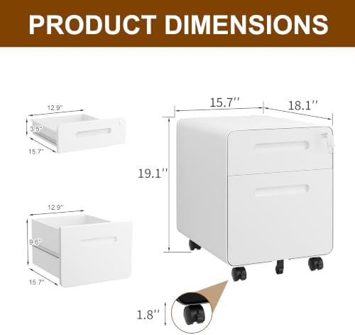 2 Drawer Mobile Low Profile File Cabinet with Lock and 4 Keys - Image 3