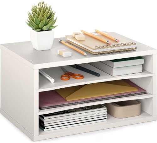 Ballucci Paper Organizer, 3-Tier Stackable Wood Desk Organizer, Document File Organizer and Mail Sorter with Adjustable Storage Shelves, White by Ballucci