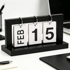 Wooden Perpetual Flip Calendar for Desk—Black Wood Finish—Modern Page Flipper with Metal Ring—Reusable Daily Date Tracker for Home Office Study or Bedroom by Unknown