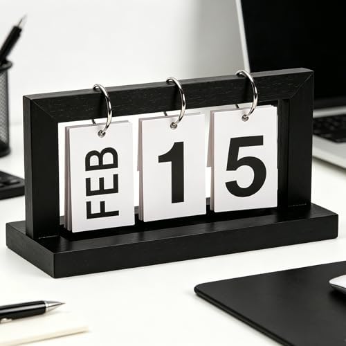 Wooden Perpetual Flip Calendar for Desk—Black Wood Finish—Modern Page Flipper with Metal Ring—Reusable Daily Date Tracker for Home Office Study or Bedroom by Unknown