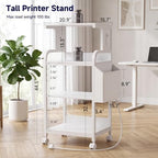 Tall Printer Stand with Charging Station, 4-Tier Large Printer Table Adjustable Shelf, Mobile Printer Cart on Wheels Heavy Duty for Home Office, Fits 3D Printer Shredder Scanner Fax, Pure White - Image 3