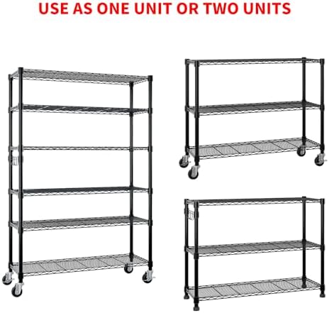 6 Tier Storage Racks Shelving, Heavy Steel Pantry Shelves, Adjustable Wire Shelving Rack with Wheels, Suitable for Garage, Kitchens, Bathroom, Offices, 46" W x 17.7" D x 82" H, Black - Image 6