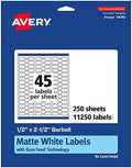 Avery® Matte White Barbell Labels, Sure Feed® Technology, 0.5" x 2.5", 11,250 White Labels, Permanent Adhesive, Laser/Inkjet Printable by Avery