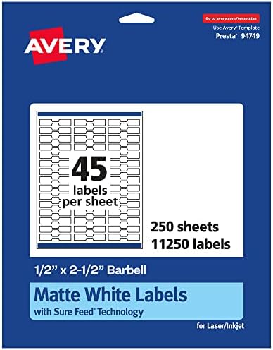 Avery® Matte White Barbell Labels, Sure Feed® Technology, 0.5" x 2.5", 11,250 White Labels, Permanent Adhesive, Laser/Inkjet Printable by Avery