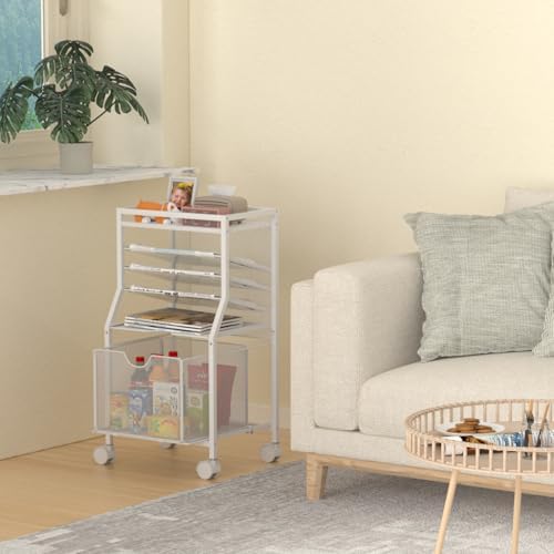 BOHDK Rolling File Cart, 6-Tier Desk File Organizer on Lockable Wheels, White Wood Planks & Mesh Sliding Hanging Folder Drawer, Organization Cart for Office Home School - Image 6