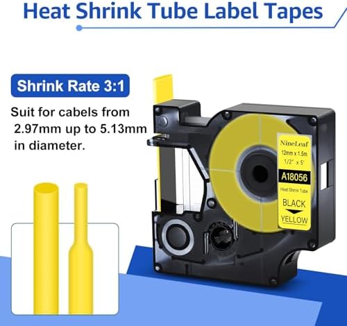 NineLeaf 8 Pack Compatible Labels Tape Replacement for Dymo 18056 1/2 inch Black on Yellow Heat Shrink Tube Labels 12mm x 1.5m for Wires and Cables Use in Rhino 4200 5200 5000 6000 3M Label Maker - Image 3