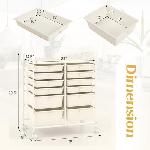 LDAILY 12 Drawer Rolling Storage Cart, Craft Cart Organizer on Wheels w/Metal Frame, Large Capacity & Smooth Drawer, Rolling Cart w/Drawers for Classroom, Office - Image 3