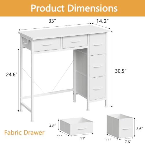 HIGDBFE 33" Small Computer Desk with 5 Fabric Drawers, White, 14.2" D - Image 2