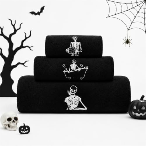 Peryiter 3pcs Halloween Skeleton Bath Towels Black White Decor for Bathroom by Peryiter