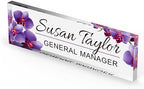 Artblox Personalized Office Desk Name Plate and Business Card Holder | Clear Acrylic Glass with Teak Wood Stand | Purple Orchids Design Customized with Your Name and Credentials Office Desk Decor - Image 5