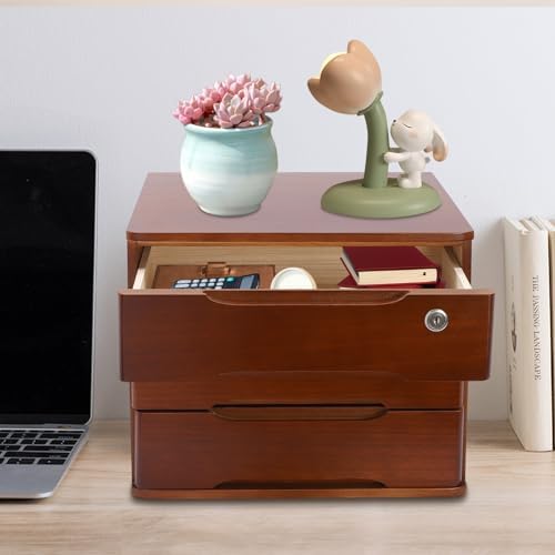Wood Desk Organizer with 3 Drawers, Lockable Desktop Countertop Storage Cabinet for Home Office Supplies File Tabletop Storage Box, 15.35" x 11.81" x 12.2" (Dark Brown) - Image 2