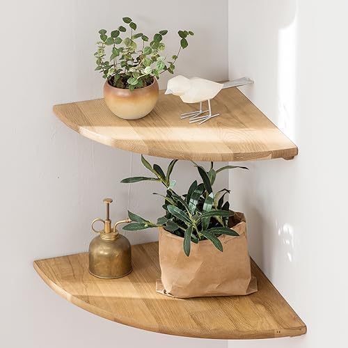 Corner Shelves, Floating Corner Shelf, Set of 2 10inch Solid Oak Wood Corner Wall Shelves, Round End Wall Mount Display Shelf with Wire Hole for Bedroom Kitchen, Living Room by Coamily