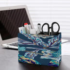 PU Leather Multi-Compartment Pen Holder Desktop Organizer Pencil Cup Storage Caddy for Office Home Supplies Blue Vintage Vector Pattern Blue Background - Image 5