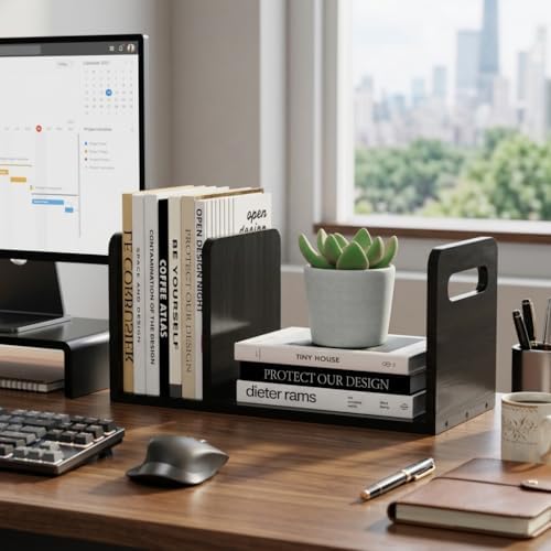 100% Solid Wood Adjustable Desktop Bookshelf with Movable Divider, Retro Tabletop Bookshelf with Convenient Handle Design for Living Room, Home, Office, Perfect for Magazine Book (Black) - Image 4