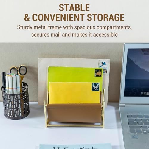 MyGift 2 Slot Modern Mail Holder, Deluxe Brass Tone Metal and Toffee Brown Leatherette Sling Entryway or Desktop Tabletop Letter Sorter - Image 3
