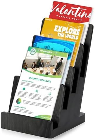4 Tier Wood Brochure Display Stand 6 x 9 inch Black Brochure Holder Pamphlet Display Stand for 5.5 x 8.5 inch 5 x 7 inch Booklets Menus Postcard Holder Multi Purpose Organizer by Unknown