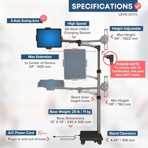 Levo G2 Commercial Rolling Tablet Stand, 60W USB-C Charging Medical Cart - Image 5