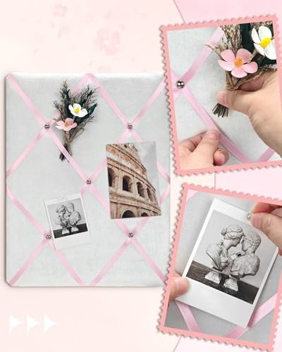 White Fabric Memo Bulletin Board, 17x13 inches Velvet Pin Board for Wall, Vision Board Message Board with Pink Criss-Cross Ribbons for Home Office School Wall Decor(PK Ribbon,4333) - Image 7
