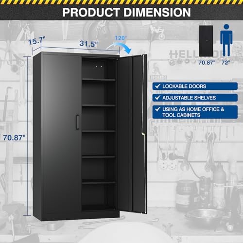 Fesbos Metal Storage Cabinet-71” Tall Steel File Cabinets with Lockable Doors and Adjustable Shelves-Black Steel Storage Cabinet for Home, School, Office, Garage - Image 3