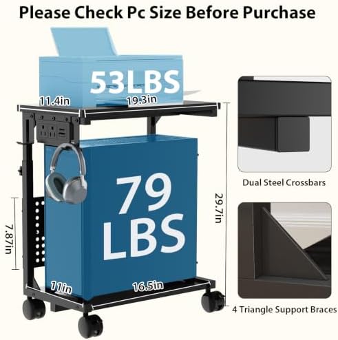 Adjustable Computer Tower Stand with Charging Station & Pegboard,Black - Image 3