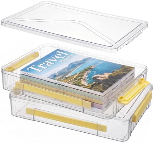 Clear Document Box, Deep A4 Paper Storage Organizer with Snap Latches, Stackable File Case for Certificates Photos Letter Size, Magazine Protector, 14.37" x 9.44" x 2.75" (2 Pack), Yellow by Cosics