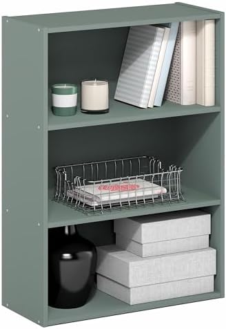 Furinno PASIR Book Shelf, 3-Tier Bookshelf, Storage Shelves Bookcase, 9.7 x 23.7 x 31.5, for Living Room, Bedroom, Home Office, Sage Green by Furinno-FitsYourSpaceFitsYourBudget
