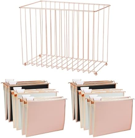Y YOMA 1 Pack Rose Gold Desktop Hanging File Organizer | 12 Pack Rose Gold Pocket Hanging File Folders with Tabs & Insert | Letter Size Metal File Kit for Desk Home Office, I Shaped by YYOMA
