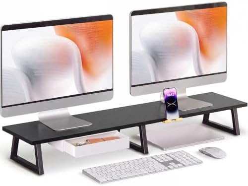 TEAMIX 42 inch Dual Monitor Stand with Storage Drawer & Phone Holder, Black by TEAMIX