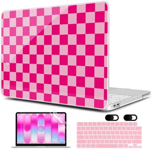 MEEgoodo 4-in-1 Printed Case for MacBook Neo 13 inch 2026 Release Model A3404, Laptop Hard Shell Cases with Keyboard Skin & Screen Protector & Webcam Covers, Rose&Light Pink Checkerboard by MEEgoodo