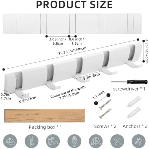 2 Pack Foldable Stylish Modern Hook Rack with 5 Hooks, Coat Hooks Wall Mount, Metal Coat Hook Rail for Coat Hat Towel Purse Robes Mudroom Bathroom Entryway (White) - Image 2